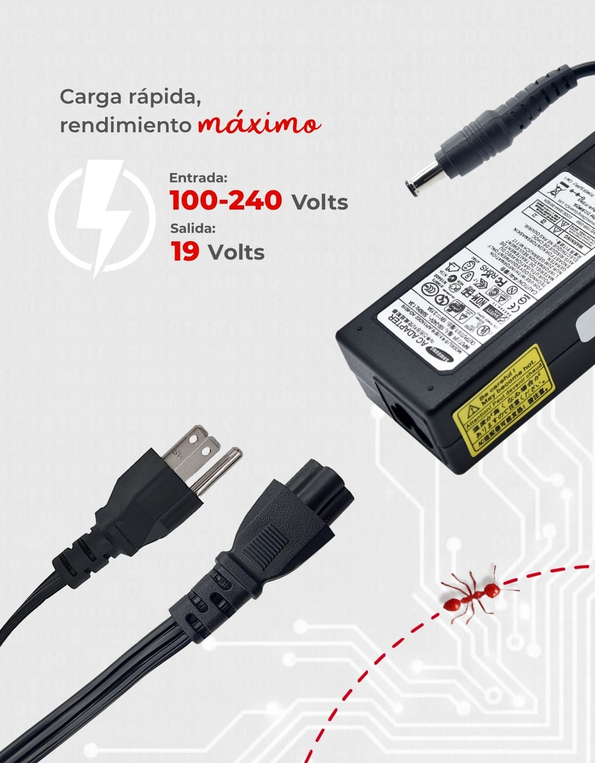 Cargador para Laptop Samsung® Nc20 Nc30 N130 N150 19v 2.1 - 3.15a con 40W - 60W Punta 5.5 x 3.0 mm