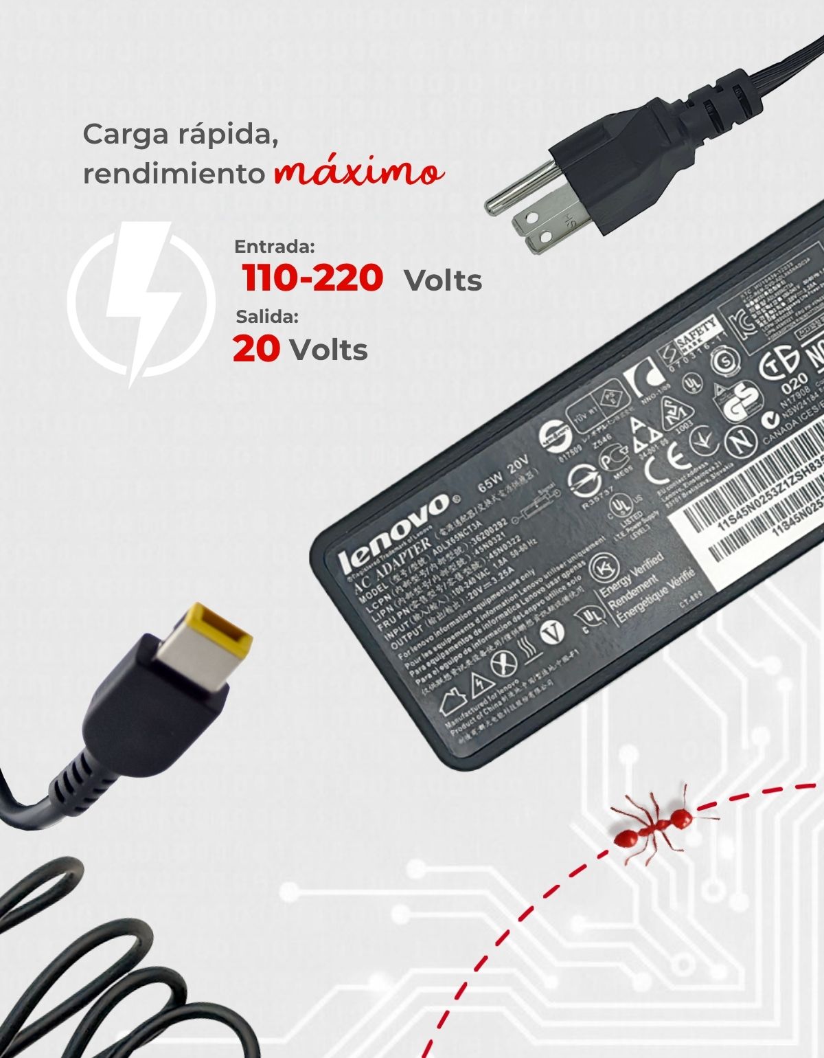 Cargador para Laptop Lenovo® con 20V y 3.25A USB con 65w