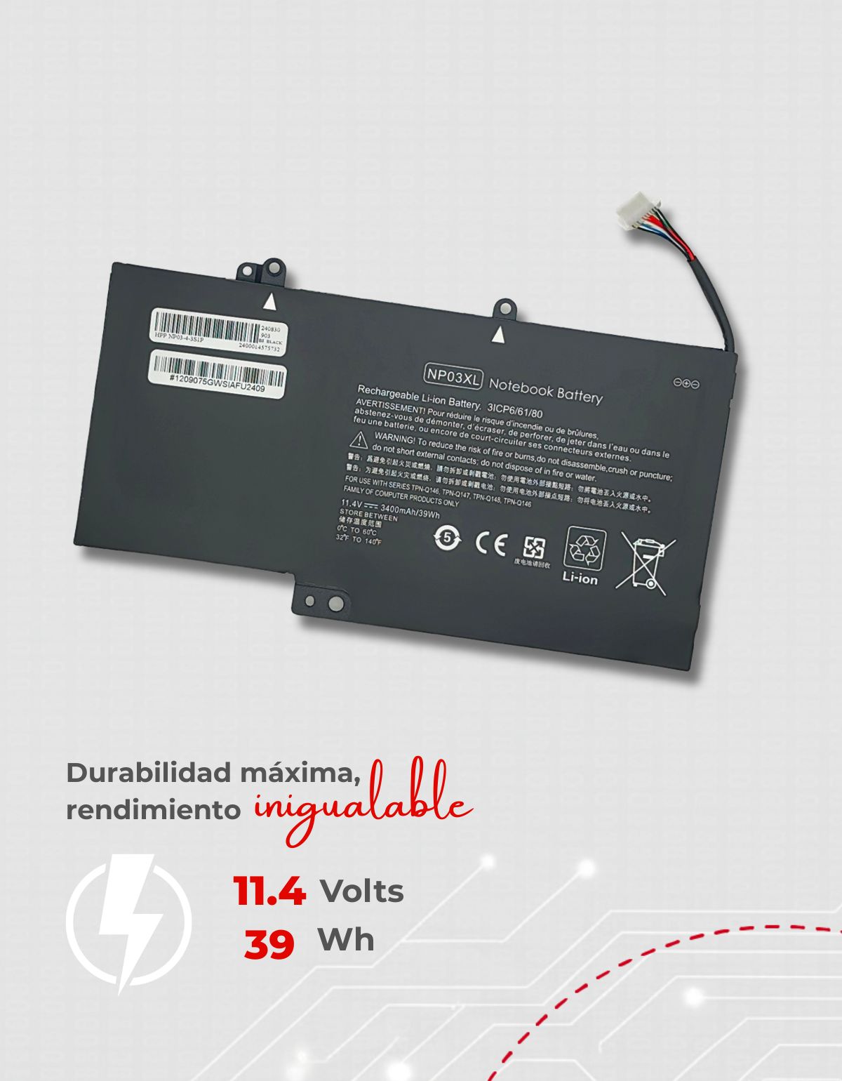 Batería Interna para Laptop HP® NP03XL con 3720mAh