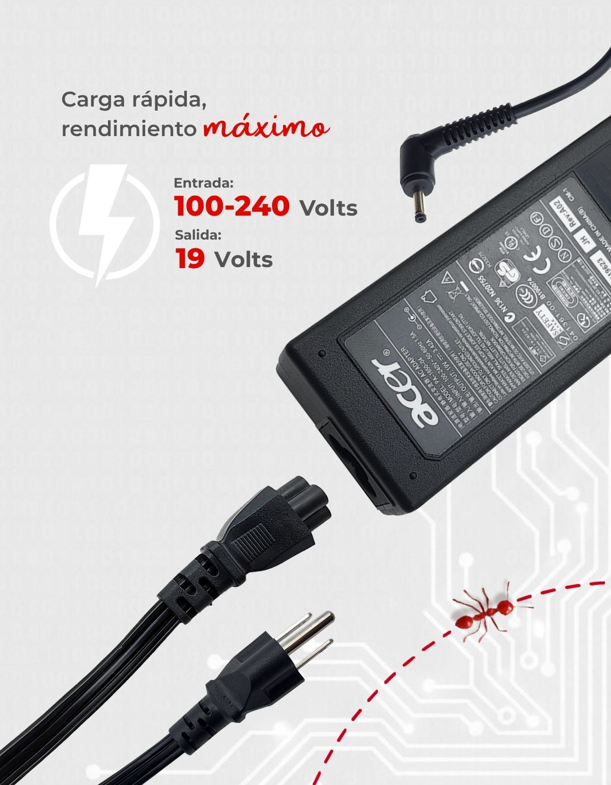 Cargador para Laptop Acer® Chromebook™ 19v 3.42a punta delgada 3.0 x 1.1 mm