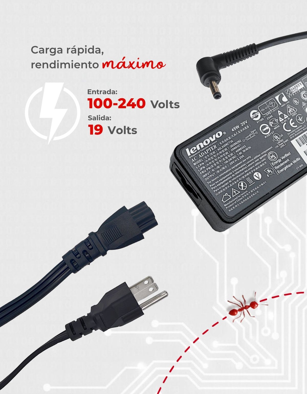 Cargador AP04214-UV para Laptops Lenovo Ideapad Yoga y más, 45W 20V 2.5A Punta 4.0 x 1.7 mm