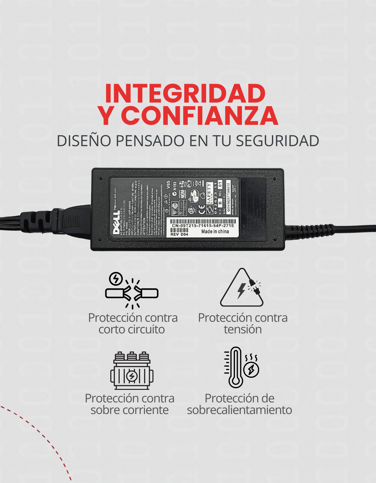 Cargador para Laptops Dell® Latitude / Inspiron / Vostro / Chromebook 65W 19.5V 3.34A, Punta 7.4 x 4.0 mm Pin Central