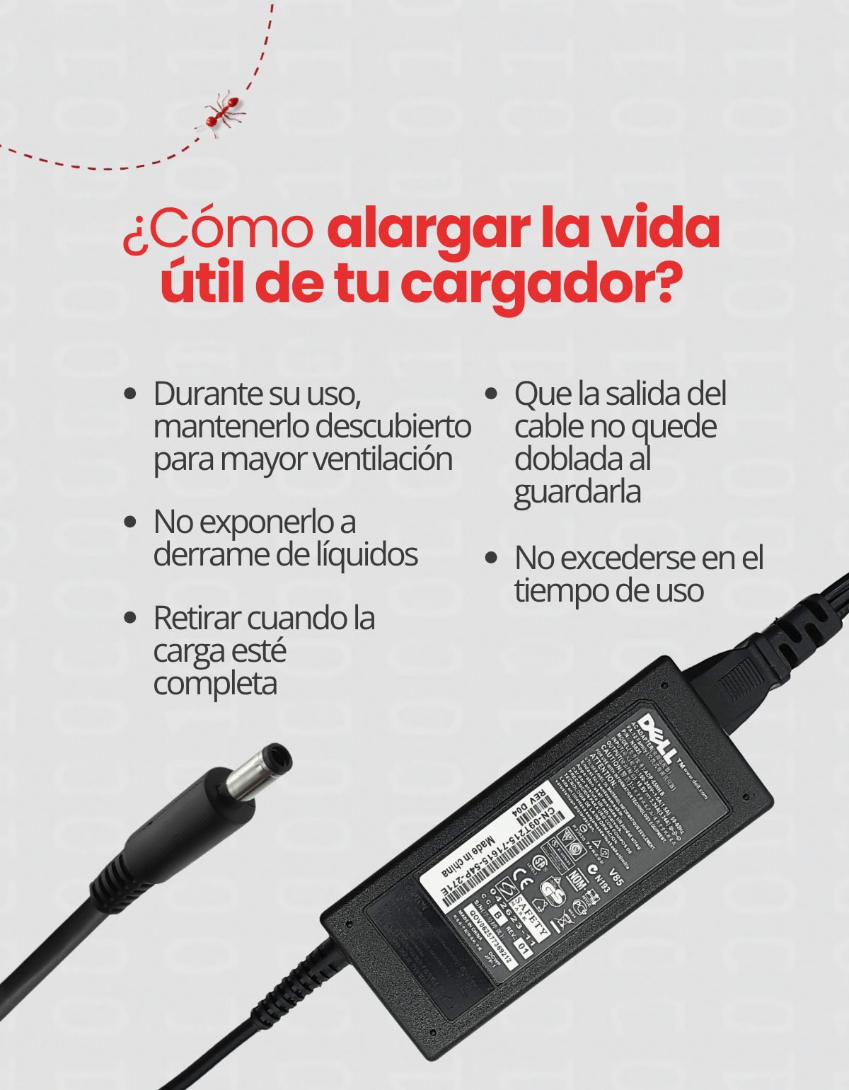 Cargador para Laptops Dell® Latitude / Inspiron / Vostro / Chromebook 65W 19.5V 3.34A, Punta 7.4 x 4.0 mm Pin Central