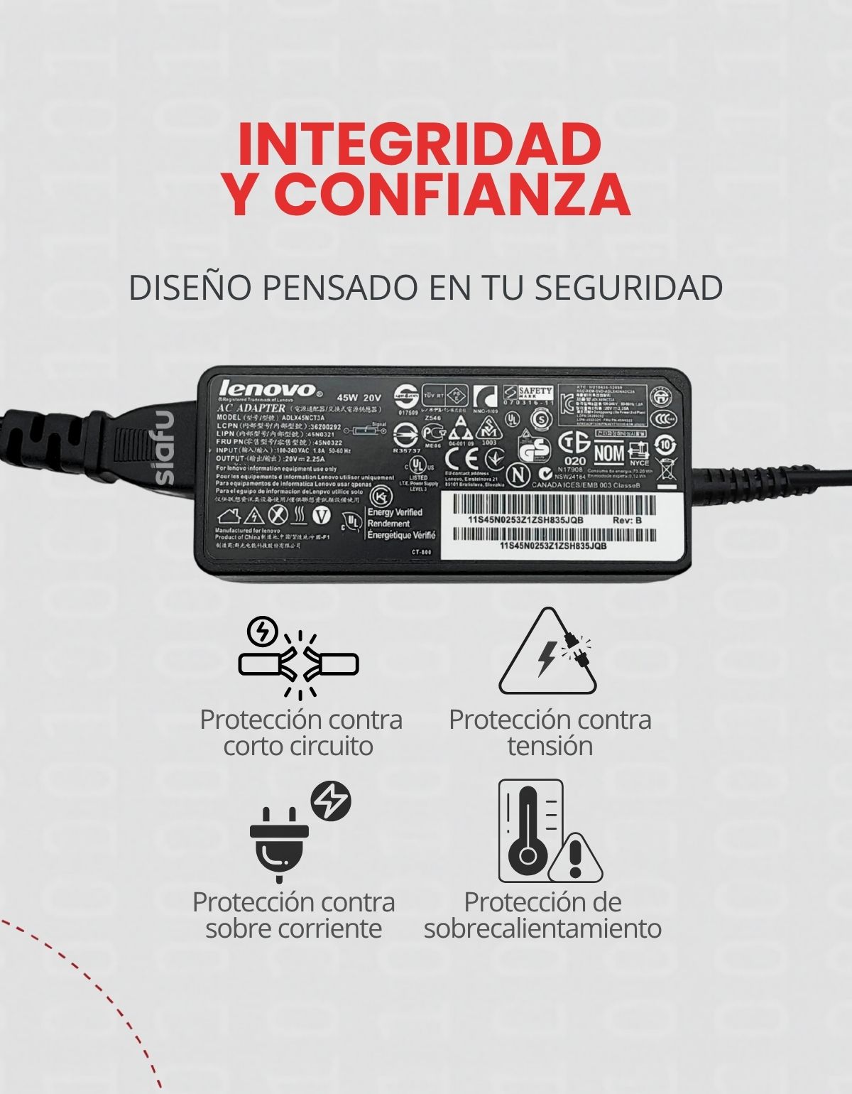 Cargador AP04214-UV para Laptops Lenovo Ideapad Yoga y más, 45W 20V 2.5A Punta 4.0 x 1.7 mm