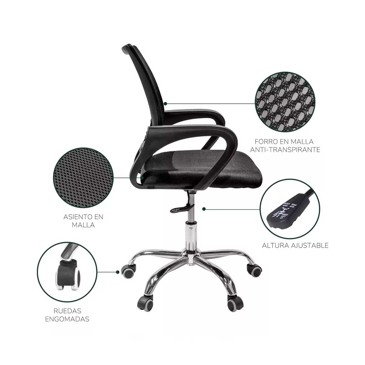 Silla de Oficina Excelente para Home Office con Altura ajustable y Respaldo con Soporte Lumbar